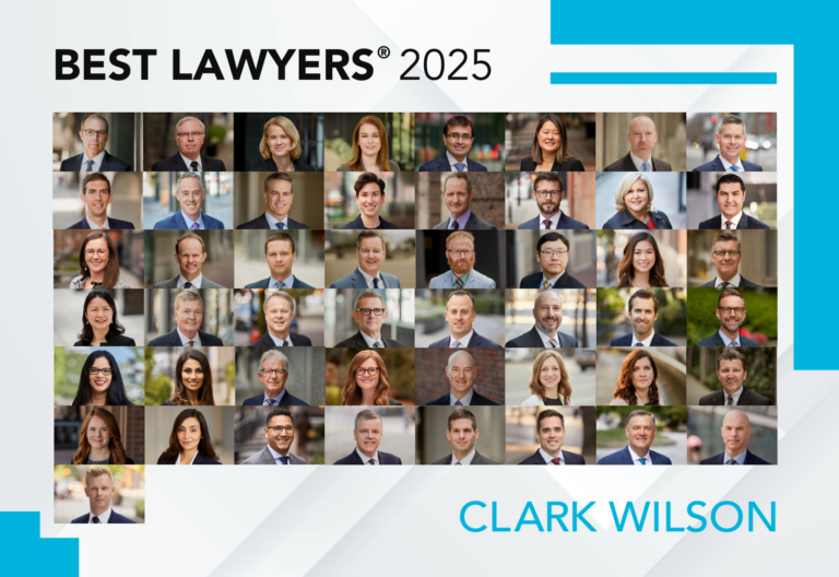 Graphic showing the headshot of the 49 Clark Wilson lawyers recognized in the 2025 edition of Best Lawyers in Canada